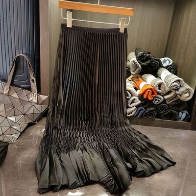 Women's New Style Casual Pleated Skirt Solid Color Simple Design with Elastic Waist for Commuting for Summer