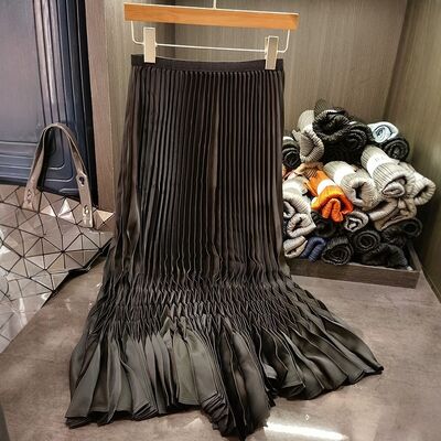Women's New Style Casual Pleated Skirt Solid Color Simple Design with Elastic Waist for Commuting for Summer