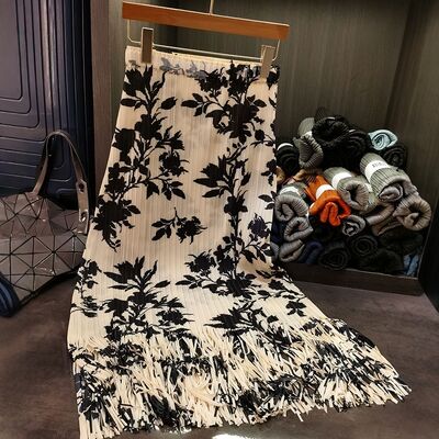 Women's New High-Waisted Chinese Style Floral Printed Midi Skirt Versatile Casual Hip Length Pleated Skirt for Summer