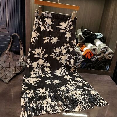 Women's New High-Waisted Chinese Style Floral Printed Midi Skirt Versatile Casual Hip Length Pleated Skirt for Summer