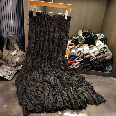 High-End Midi Skirt Frayed Hem Elegant Solid Color Versatile Elastic Waist Slimming Mid-Length Fit Casual French Summer