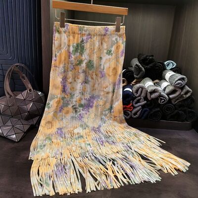 Women's Summer Vintage Half Skirt with Small Floral Design Pleated Tassel Mid-Length High-End Temperament Skirt