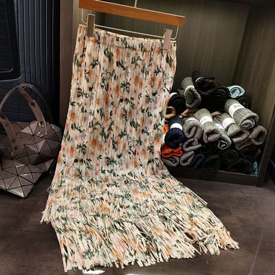 Women's Summer Vintage Half Skirt with Small Floral Design Pleated Tassel Mid-Length High-End Temperament Skirt