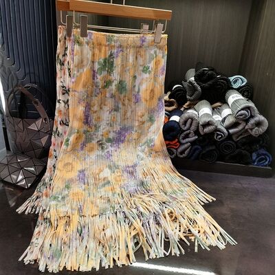 Women's Summer Vintage Half Skirt with Small Floral Design Pleated Tassel Mid-Length High-End Temperament Skirt