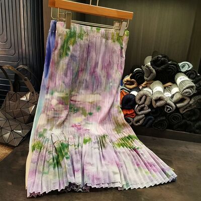 Vintage Printed Half-Length Skirt Elegant Summer Fish Tail Design Elastic Waist Versatile Half-Length Fishtail Skirt