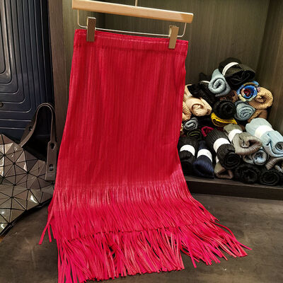 Solid Color Pleated Skirt for Women's Summer Temperament, High Waist Slimming Tassel Skirt