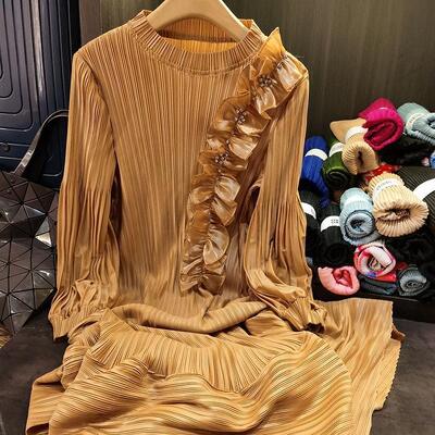 New High-End Stylish Pleated Dress with Slimming Effect Mid-Length skirt Natural Waistline Solid Color Plus Size for Spring