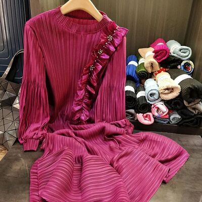 New High-End Stylish Pleated Dress with Slimming Effect Mid-Length skirt Natural Waistline Solid Color Plus Size for Spring