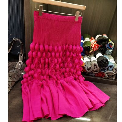 Design Women's Spring Midi Skirt Elegant Casual Bubble Pleated Elastic Waist Solid Color Chiffon Mid-Length Natural