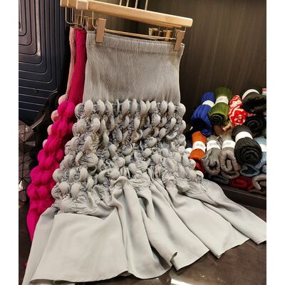 Design Women's Spring Midi Skirt Elegant Casual Bubble Pleated Elastic Waist Solid Color Chiffon Mid-Length Natural