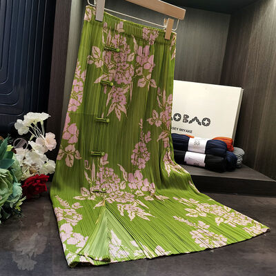 Original Design Pleated Chinese Style Disc Half Skirt 2024 Printed Pleated Skirt Wrap Slit Summer Skirt