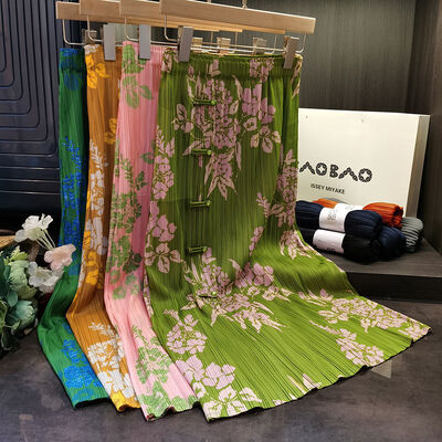 Original Design Pleated Chinese Style Disc Half Skirt 2024 Printed Pleated Skirt Wrap Slit Summer Skirt