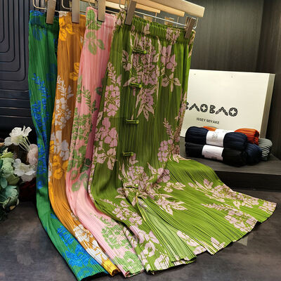 Original Design Pleated Chinese Style Disc Half Skirt 2024 Printed Pleated Skirt Wrap Slit Summer Skirt