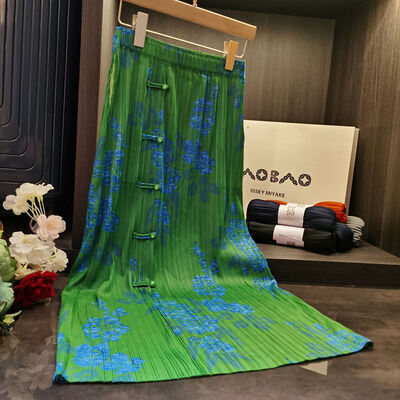 Original Design Pleated Chinese Style Disc Half Skirt 2024 Printed Pleated Skirt Wrap Slit Summer Skirt