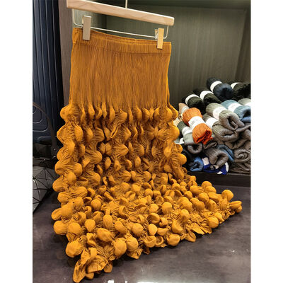 Women's Long 2025 Spring Fashion Skirt Solid Color Bubble Pleated with Embroidery and Ruffles Breathable Natural Waistline