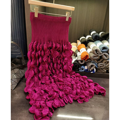 Women's Long 2025 Spring Fashion Skirt Solid Color Bubble Pleated with Embroidery and Ruffles Breathable Natural Waistline