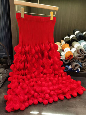 Women's Long 2025 Spring Fashion Skirt Solid Color Bubble Pleated with Embroidery and Ruffles Breathable Natural Waistline