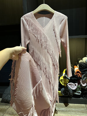 Autumn New High-End Elegant Solid Color V-Neck Ruched Tassel Dress for Women Casual Mid-Length Satin Versatile and Slimming