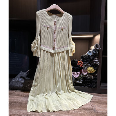 2025 Summer European Station's New Fashion Slim Fit Mid-Length Pleated Skirt Neck Patchwork Casual Mid-Length Pleated Midi Skirt