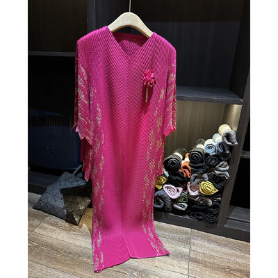 Autumn Casual Mid-Length Dress Batwing Sleeve High-End Gold Stamping Dragon Scale Pleated V-Neck Loose Plus Size Satin Fabric