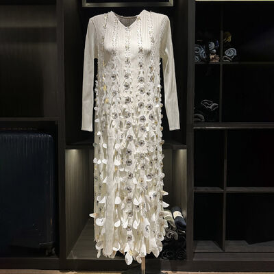 High-End Luxury Short-Sleeved Summer Dress New Gold Stamping Sequin V-Neck Gown Pleated Texture Casual Midi-Length Woven Chiffon