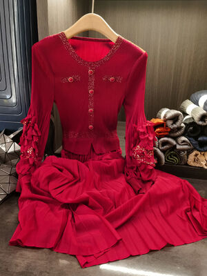 High-End New Autumn Elegant Mid-Length Dress Solid Color Single-Breasted Dress Decorative Pleated Lantern Sleeves Casual