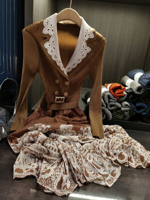 Niche Design Elegant Waist-Cinching Slimming Pleated Skirt Contrasting Print Floor-Length  Two-Piece Patchwork Featuring