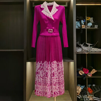 Niche Design Elegant Waist-Cinching Slimming Pleated Skirt Contrasting Print Floor-Length  Two-Piece Patchwork Featuring