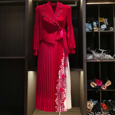 Autumn Style Unique Design Faux Two-Piece Patchwork Tie Dress Floral Chiffon Elegant Casual Suit Collar Long Sleeves Natural