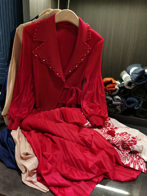 Autumn Style Unique Design Faux Two-Piece Patchwork Tie Dress Floral Chiffon Elegant Casual Suit Collar Long Sleeves Natural