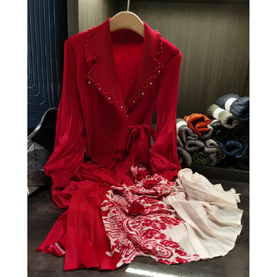 Autumn Style Unique Design Faux Two-Piece Patchwork Tie Dress Floral Chiffon Elegant Casual Suit Collar Long Sleeves Natural