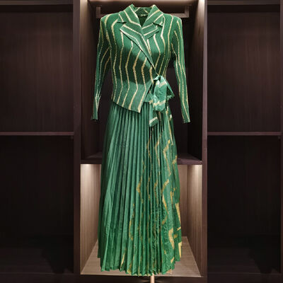 Autumn Casual High-End Gold Stamping Printed Pleated Dress Long Striped Sleeves Waist-Cinching Pleated Skirt Spliced Two-Piece