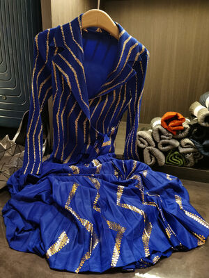 Autumn Casual High-End Gold Stamping Printed Pleated Dress Long Striped Sleeves Waist-Cinching Pleated Skirt Spliced Two-Piece