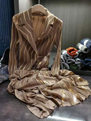 Autumn Casual High-End Gold Stamping Printed Pleated Dress Long Striped Sleeves Waist-Cinching Pleated Skirt Spliced Two-Piece