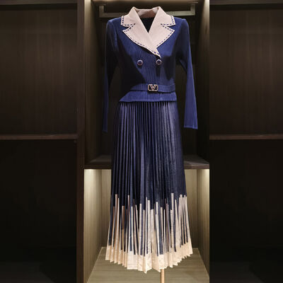 Autumn New Elegant Slimming Dress Waist-Cinching Design Pleated Skirt Collar Casual Midi Length Solid Color-Block Printed