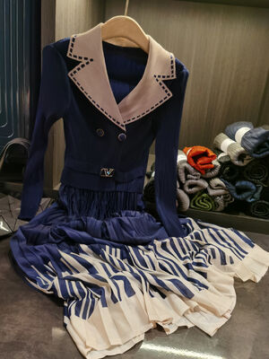 Autumn New Elegant Slimming Dress Waist-Cinching Design Pleated Skirt Collar Casual Midi Length Solid Color-Block Printed