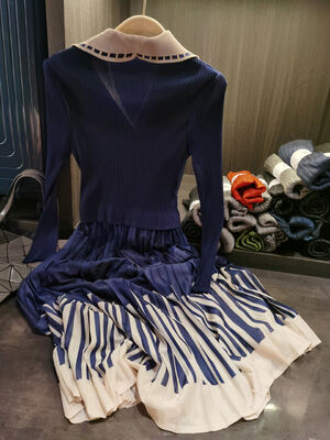 Autumn New Elegant Slimming Dress Waist-Cinching Design Pleated Skirt Collar Casual Midi Length Solid Color-Block Printed