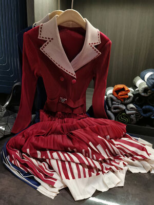 Autumn New Elegant Slimming Dress Waist-Cinching Design Pleated Skirt Collar Casual Midi Length Solid Color-Block Printed