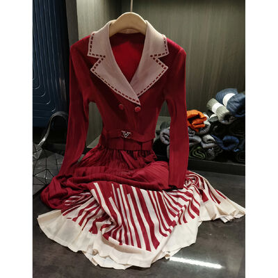 Autumn New Elegant Slimming Dress Waist-Cinching Design Pleated Skirt Collar Casual Midi Length Solid Color-Block Printed