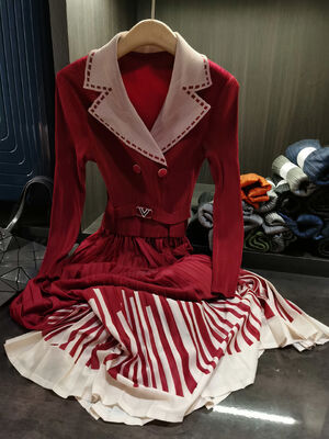 Autumn New Elegant Slimming Dress Waist-Cinching Design Pleated Skirt Collar Casual Midi Length Solid Color-Block Printed