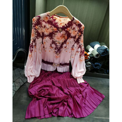 Autumn New Chinese-Style Retro Printed Pleated Patchwork Dress Vintage Style Lantern Sleeves Natural Waist-Cinching Woven Dress