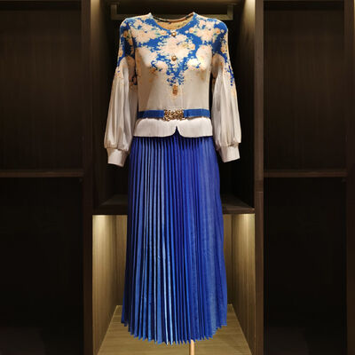 Autumn New Chinese-Style Retro Printed Pleated Patchwork Dress Vintage Style Lantern Sleeves Natural Waist-Cinching Woven Dress