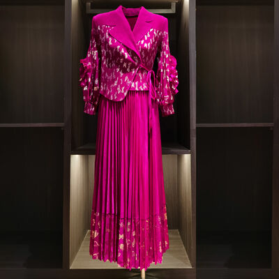 Elegant High-End Women's Dress Floral Gold Stamping Print Ruched Lantern Sleeves Slimming Waist Suit Casual Autumn Office