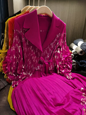 Elegant High-End Women's Dress Floral Gold Stamping Print Ruched Lantern Sleeves Slimming Waist Suit Casual Autumn Office