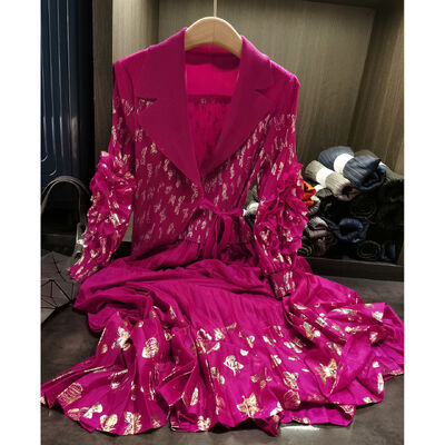 Elegant High-End Women's Dress Floral Gold Stamping Print Ruched Lantern Sleeves Slimming Waist Suit Casual Autumn Office