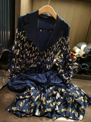 Elegant High-End Women's Dress Floral Gold Stamping Print Ruched Lantern Sleeves Slimming Waist Suit Casual Autumn Office