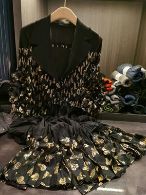 Elegant High-End Women's Dress Floral Gold Stamping Print Ruched Lantern Sleeves Slimming Waist Suit Casual Autumn Office