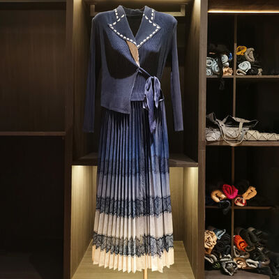 Autumn New Elegant Color-Blocking Printed Pleated Faux Two-Piece Dress Plus Size Casual Chiffon Lace Long Sleeves Suit Collar