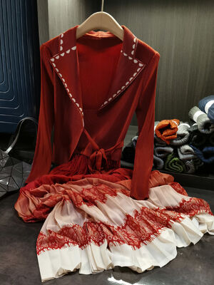 Autumn New Elegant Color-Blocking Printed Pleated Faux Two-Piece Dress Plus Size Casual Chiffon Lace Long Sleeves Suit Collar