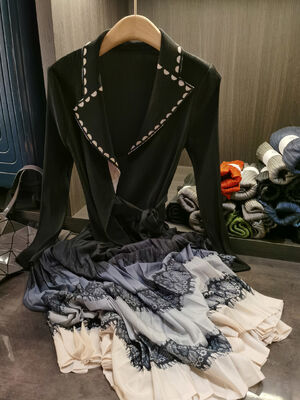 Autumn New Elegant Color-Blocking Printed Pleated Faux Two-Piece Dress Plus Size Casual Chiffon Lace Long Sleeves Suit Collar